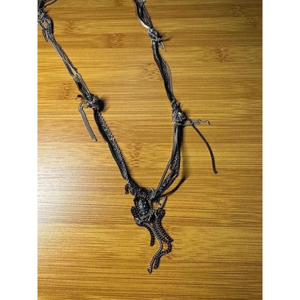 black multi strand chain necklace with fabric ribbon and pendant boho nwt new